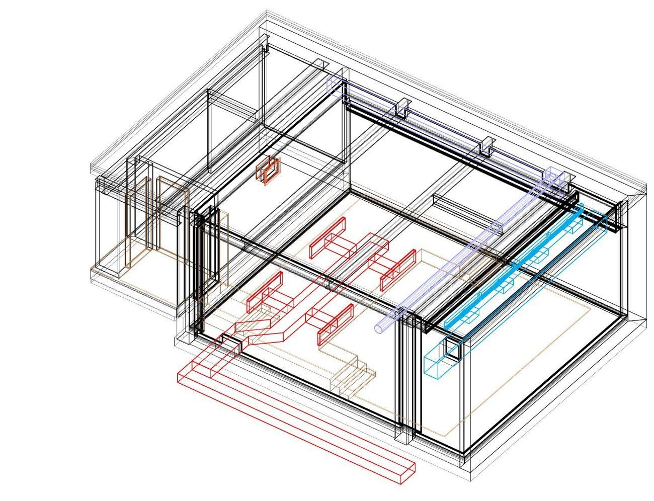 3D construction model of the same private cinema — every wire path, riser, and speaker position drawn before framing