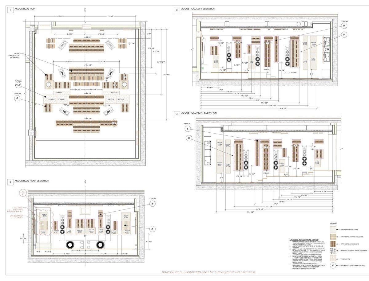 Acoustic reflected ceiling plan and wall elevations locating absorbers and diffusers in a private theater — Jackson Hole AV acoustical design drawing